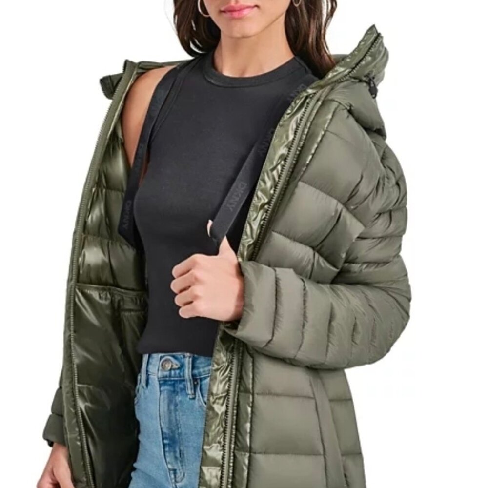 DKNY Jeans Womens Down Quilted Hooded Puffer Coat Olive Green Size Med MSRP $229 - Picture 3 of 6